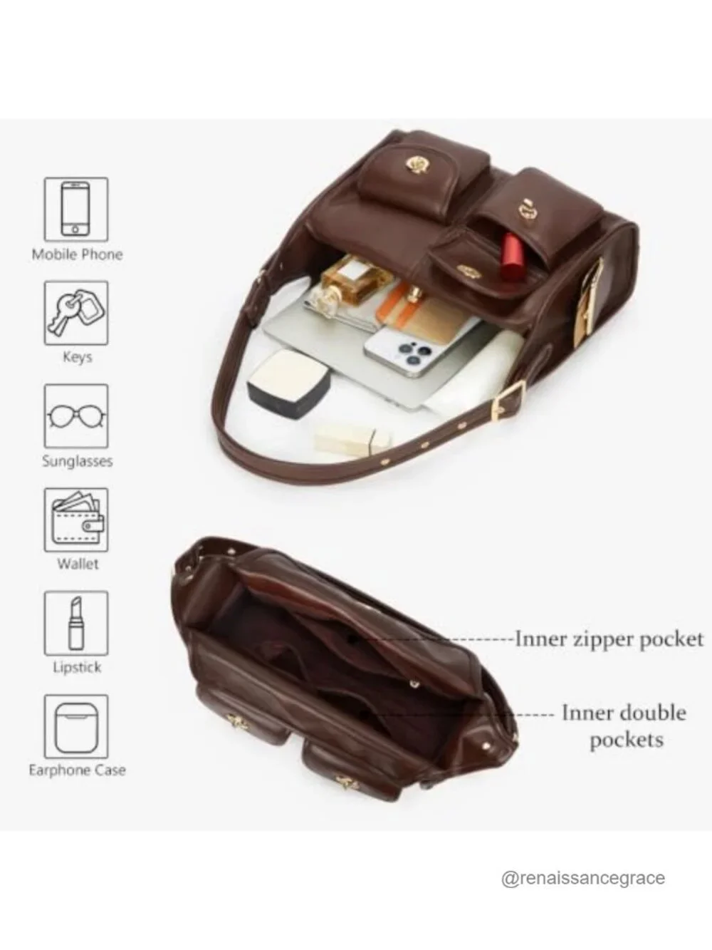 Turn Lock Hobo Handbag Women Multi-Pocket Large Kiss Lock Tote Crossbody Faux